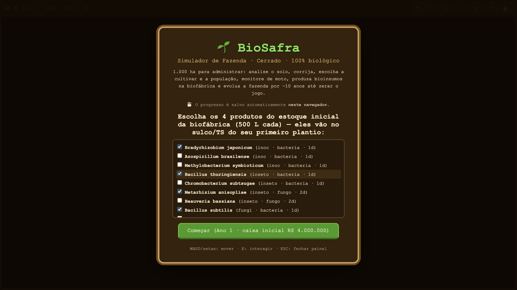 Tela inicial de escolha das linhagens do estoque da biofábrica