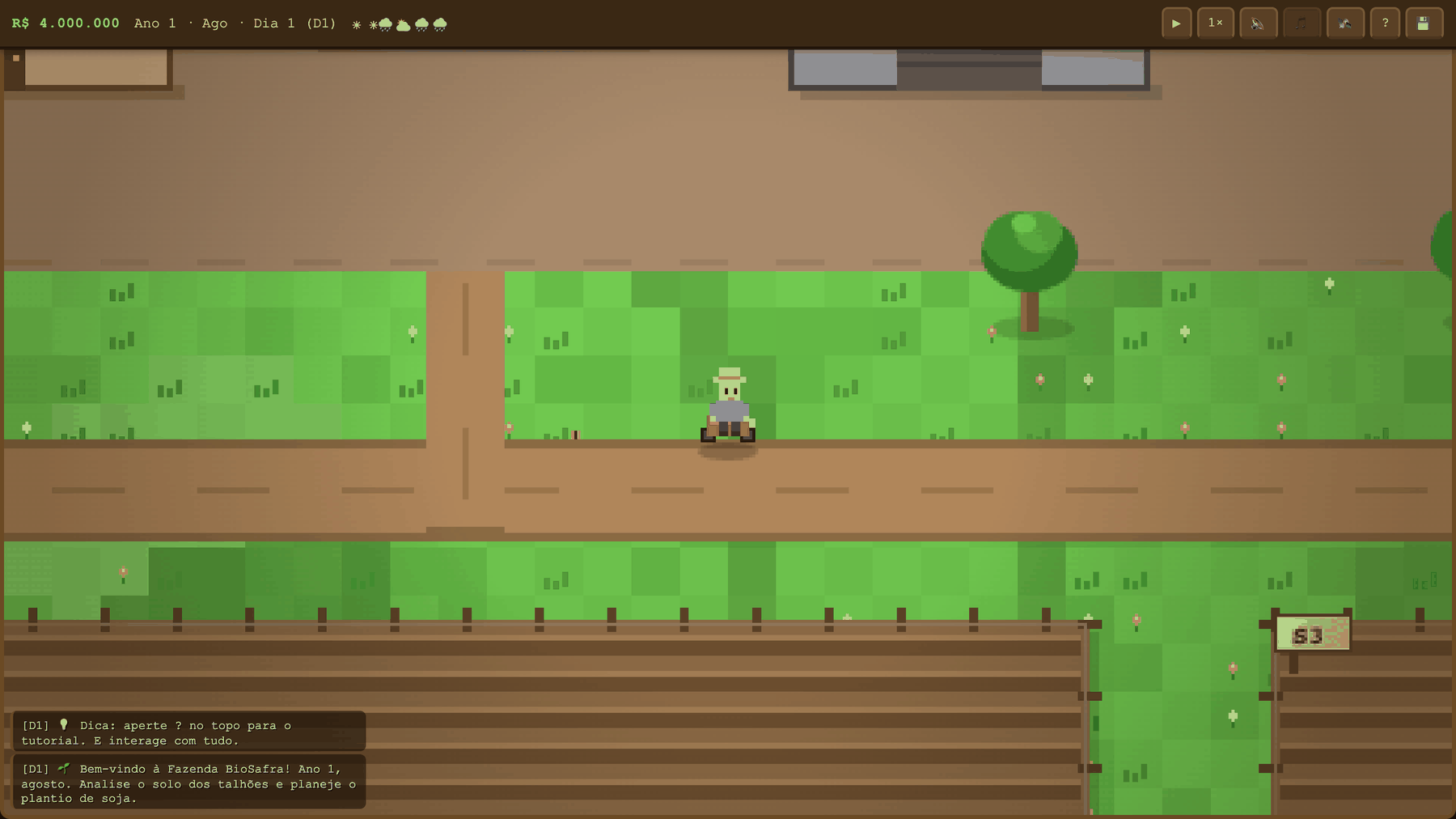 A fazenda vista de cima em pixel art, com o produtor de moto entre os talhões